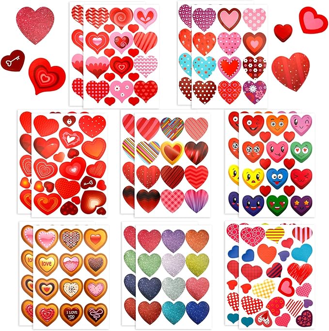 Heart Stickers, Valentines Stickers, 260PCS Valentine Day Heart Stickers, Self-Adhesive Hearts Decorative Sticker Decal for Mother's Day Wedding School Craft Activity Party Favors Supplies