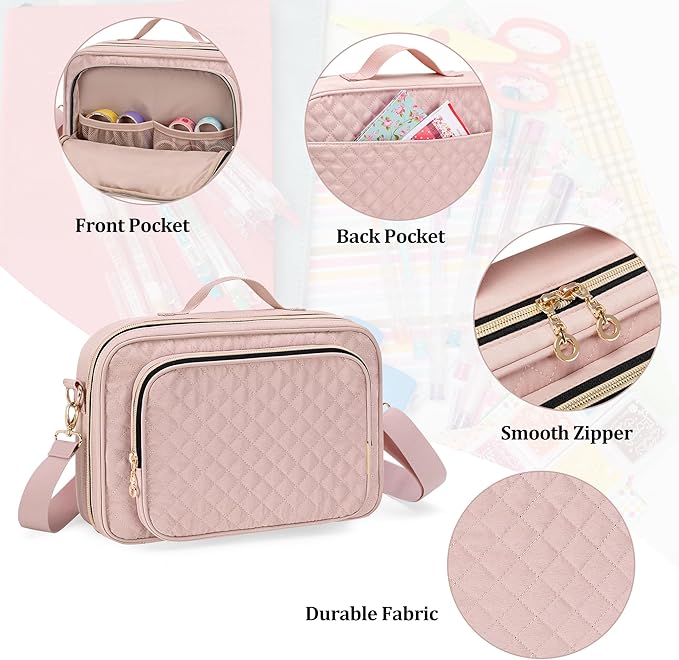 Teamoy Journal Supplies Storage Case, Journal Supplies Holder with Detachable Pen Slots, Travel Organizer Holder for B5 Notebooks, Planner, Pens, Journal Supplies and Accessories, Pink Quilted