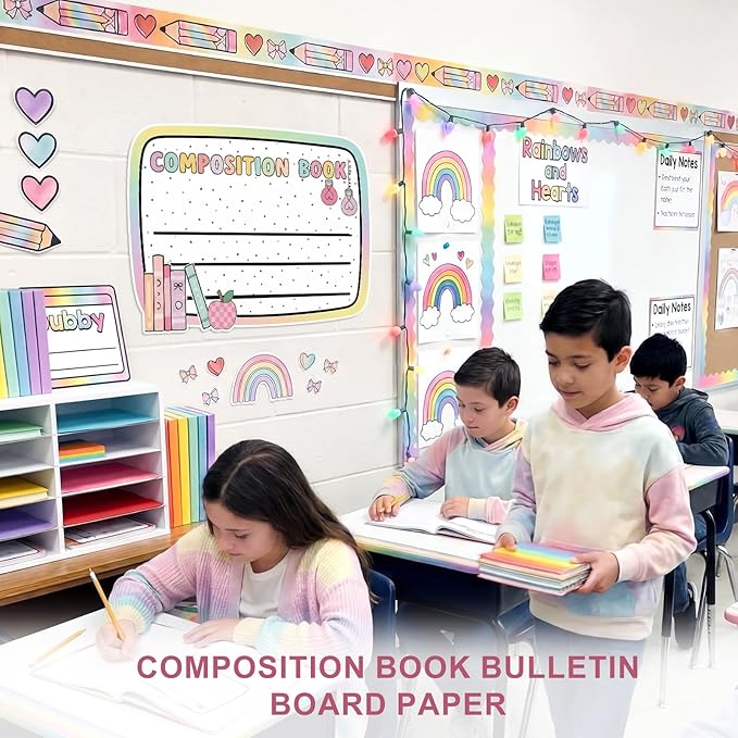 Gueevin 4 Pcs Large 23 * 16.5 inch Composition Book Cutouts Composition Notebook Bulletin Board Trim for Classroom Door First Day of School Wall Windows Porch Sign(Pastel)