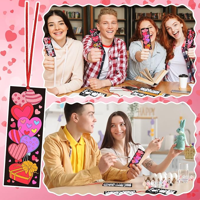 Frienda 80 Pcs Valentine's Day Color Your Own Bookmarks with Ribbon Bulk DIY Coloring Bookmarks Heart Gnome Bear Butterfly Cupid Owl Blank Paint Valentine Crafts for DIY Party