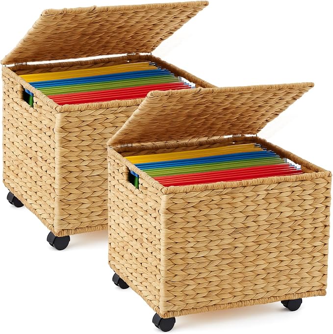 Sintuff 2 Pack Rolling File Cabinet with Lid 17.5 x 14.5 x 13 Inch Seagrass Rolling Filing Cabinet with Wheels Decorative Hanging File Organizer Basket Box for Home Office Storage(Natural)