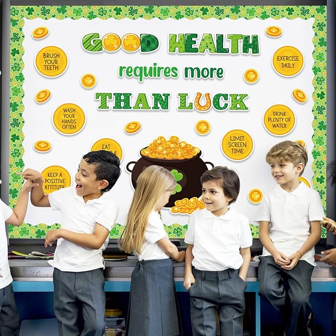 JarThenaAMCS St. Patrick's Day Health Bulletin Board Set Lucky Shamrock Classroom Decorations Clover Gold Coin Paper Cutouts for Irish Party Supplies School Classroom Chalkboard Wall Decor