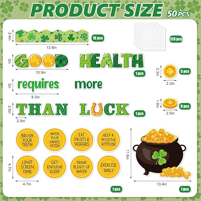 JarThenaAMCS St. Patrick's Day Health Bulletin Board Set Lucky Shamrock Classroom Decorations Clover Gold Coin Paper Cutouts for Irish Party Supplies School Classroom Chalkboard Wall Decor