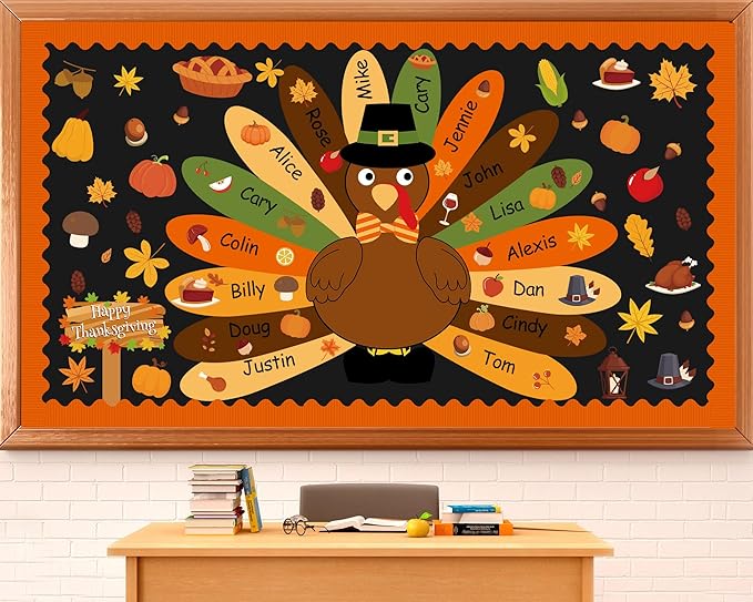 Turkey Bulletin Board Set Thanksgiving Classroom Decorations DIY Turkey Craft Fall Colorful Cutouts Name Tags for Students Boys Girls kindergarten Office Back to School Wall Decors Autumn Party Supply