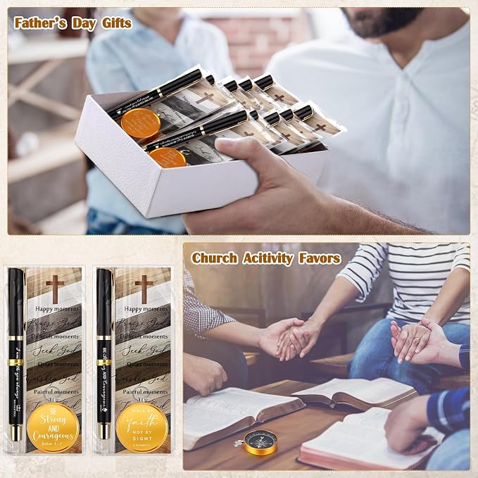 Spakon 30 Sets Father's Day Christian Gifts for Men Bible Verse Compass Pen Religious Bookmark Inspirational Church Gifts for Pastor Appreciation Day Grandpa Men Christmas (Classic)
