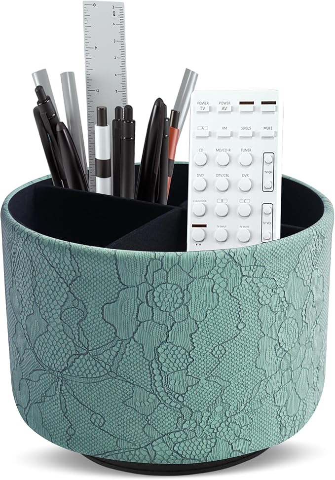 Round Leather Art Supply Organizer,Remote Control Holder,360 Degree Spinning,Multi-Functional Pencil Holder,4 Compartments Desktop Stationary Organizer(1-Lace Flower Green2)