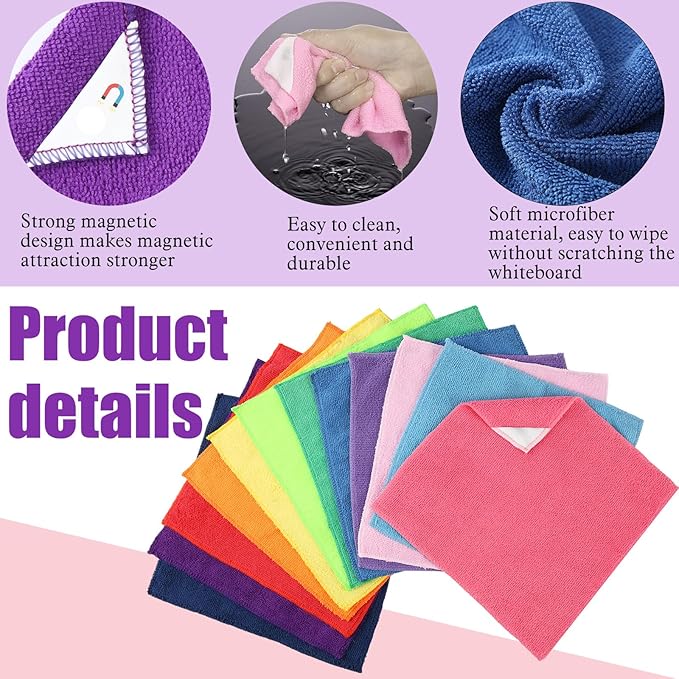 Fanfanwin 12 Pcs Magnetic Cleaning Cloth Dry Erasers for White Boards 9.84" x 9.84" Extra Magnetism Microfiber Whiteboard Eraser for Blackboards Classroom Home Reusable Washable (Rainbow Color)
