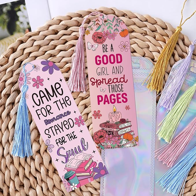 Dazoratix Dark Romance Acrylic Bookmarks - 60 Pcs Smut Blanks Bookmark Making Kit with Tassels Funny Spicy Clear Pink Bulk UV DTF Transfer Stickers for Book Lovers Women Girls Reading DIY Crafts Gifts