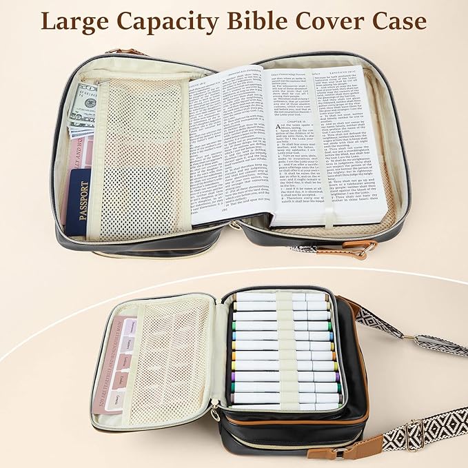 MHJY Bible Bag Leather Bible Cover Case for Women Zipper Quilted Bible Cover with Bible Tabs and Shoulder Strap Crossbody Purses for Book Cover