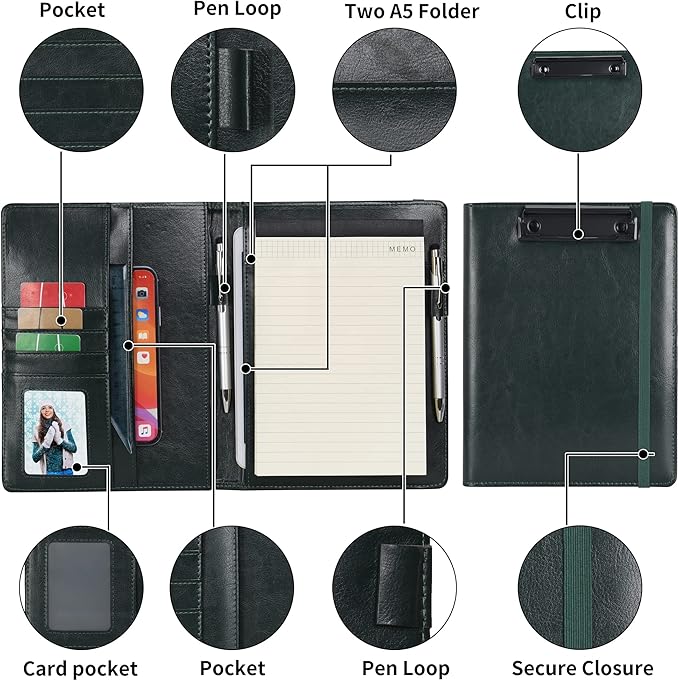 Wonderpool A5 PU Leather Clipboard Partfolio Recipe Binder Notepad Forms Holders Document Case - Interview Planner Meeting Writing Padfolio File for Office Travel School Hotel Restaurant (A5,Green)