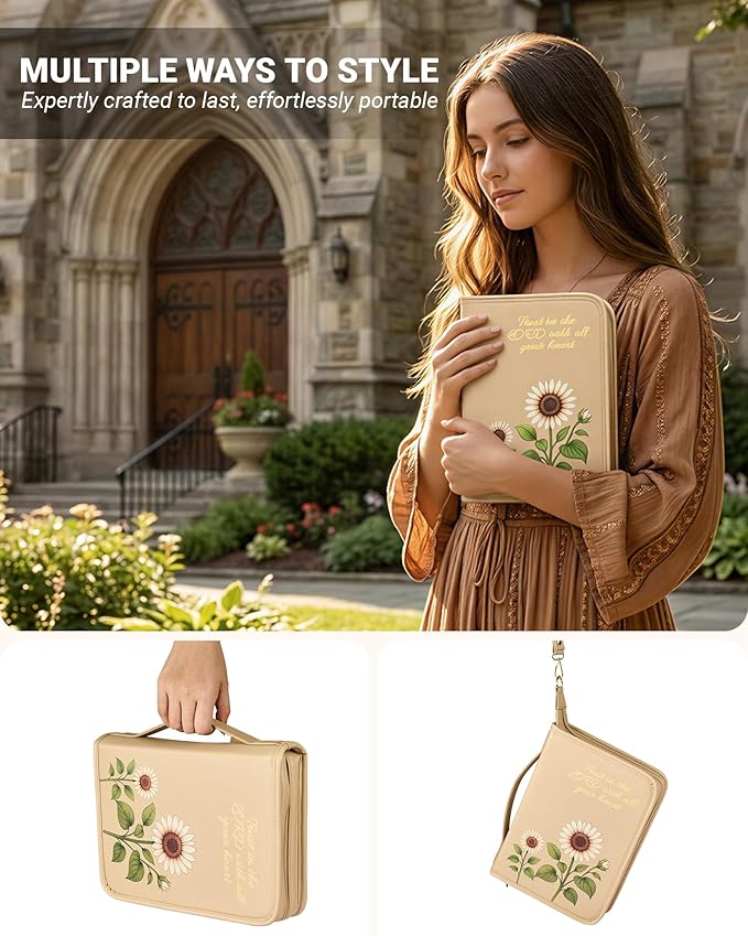 Bible Cover Case for Women, Large PU Leather Bible Bag with Multiple Pockets, Reinforced Handle and Wrist Strap, Zippered Organizer for Bible Study and Church, Gift for Her, Beige