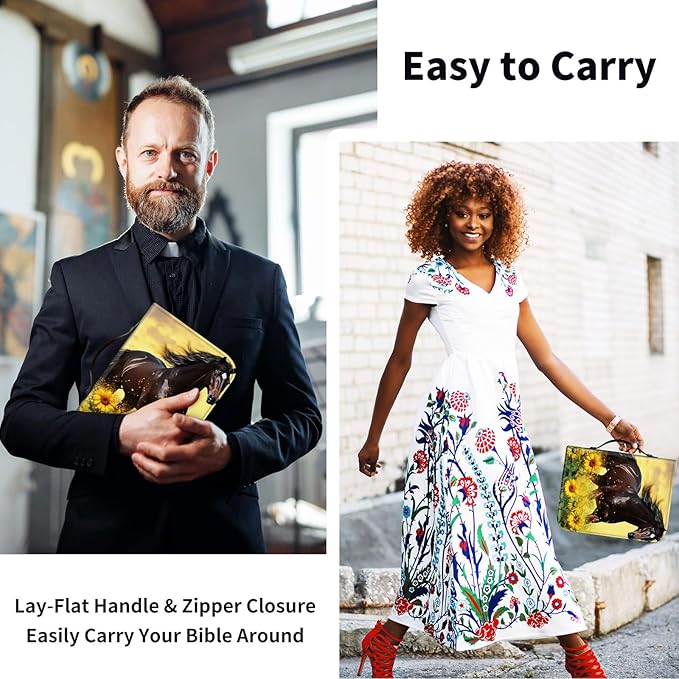 Bible Cover for Men Women,Large Leather Bible Case Fit Book Up to 11x8x2 Inch,Horse Run in the Sunflower Field Bible Covers Bible Study Carrier Church Bags w/Handle & Zipper