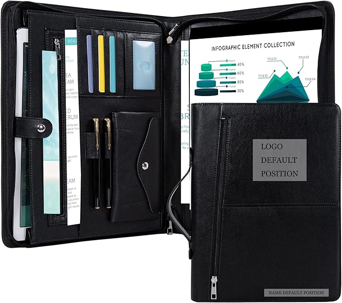 Calfinder Personalized Portfolio for Women&Men, Free Name Engrave,Customized Leather Padfolio, Business Portfolio with Zipper and Handle for Ipad, Document