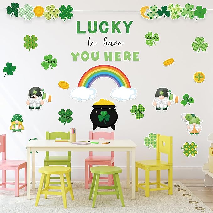 145Pcs St. Patrick's Day Bulletin Board Classroom Decoration Lucky to Have You Here Cutouts Irish Shamrock Gnome Name Tags Green Plaids Border Trim School Chalkboard Home Wall Door Party Decor