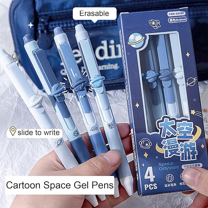 MOZXIRZ 4 Pcs Erasable Gel Pens Cute Retractable Pens Cartoon Space Erasable Pen 0.5mm Black Ink Kawaii Writing Pen for Women Office School Supplies (Space-Black Ink)