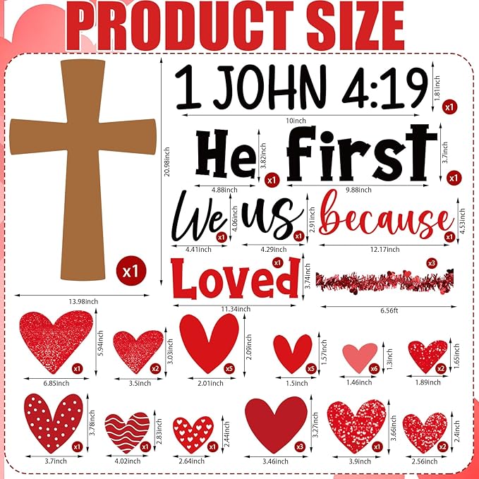 Fuutreo 44 Pcs Valentine's Day Christian Bulletin Board Decor We Love Because He First Loved Us Christian Jesus Bulletin Board Religious Heart Cutouts with Tinsel Twist Garland for Valentine Decor