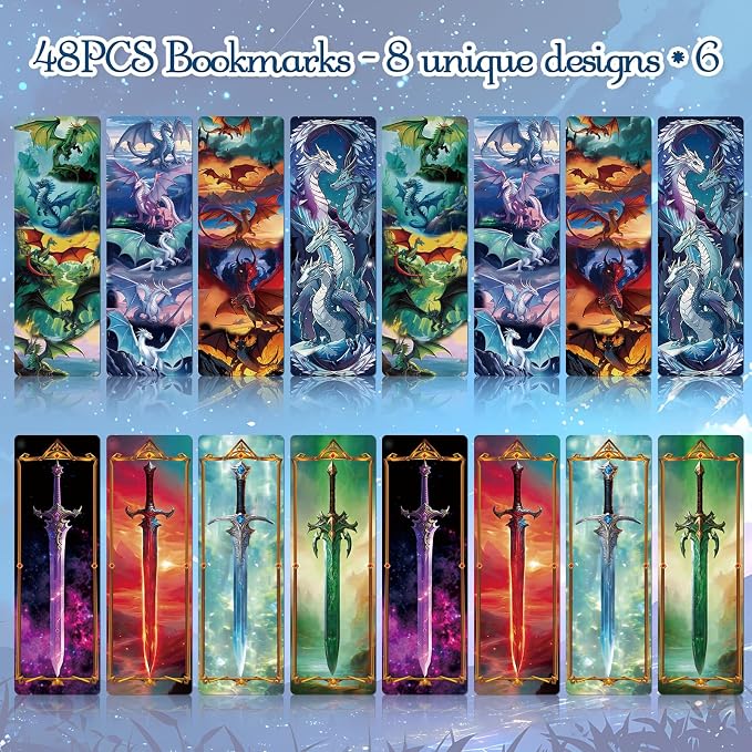 Wxiben Dragon Sword Bookmarks Gifts - 48PCS Fantastic Bookmarks for Men Cool Anime Book Markers Sword Dragon Book Mark for Boy Students Teacher Reading