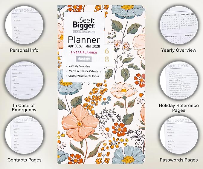 PlanAhead Pocket Planner Apr 2026 - Mar 2028-2 Year Daily Pocket Calendar for Purse - Fasion Floral Design - 6.75"x3.75" Monthly Planner With Flexible Cover, Yearly Overview, & Notes Pages