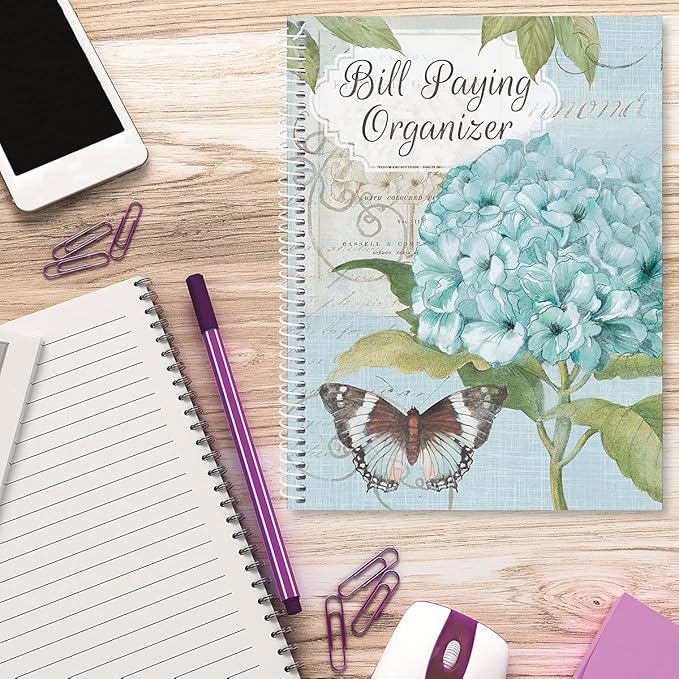 Current Hydrangea Bill Paying Organizer Book - 9" x 12” Personal Account Book, Spiral Bound, 14 Storage Pockets, 32 Label Stickers, Monthly Finance & Payment Management Tracker for Home & Office