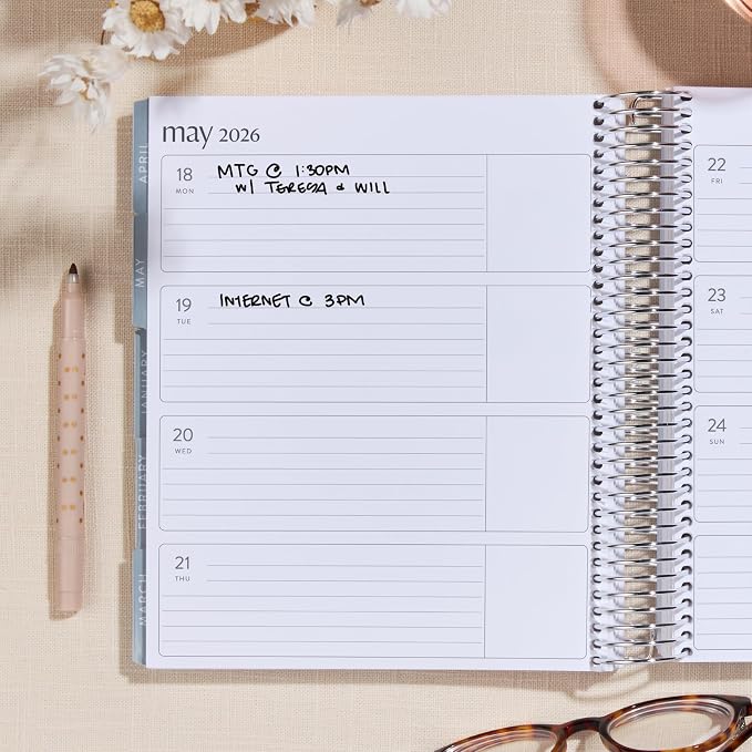 7x9 Coiled Life Planner (January 2026 - December 2026) - Floral Collage classic cover, horizontal layout, Minimal theme, platinum coil