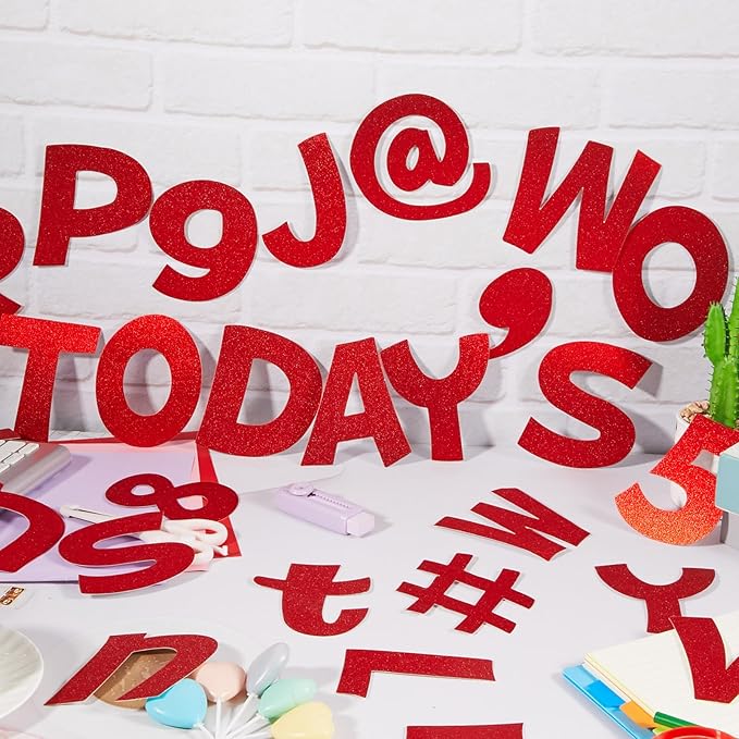Colarr 216 Pcs Red Glitter Bulletin Board Letters for Classroom Number Alphabet Punctuation Symbol Cutout 4'' Die-Cut Poster Letter with Adhesive Dot School Graduation Party Wedding Patriotic Decor