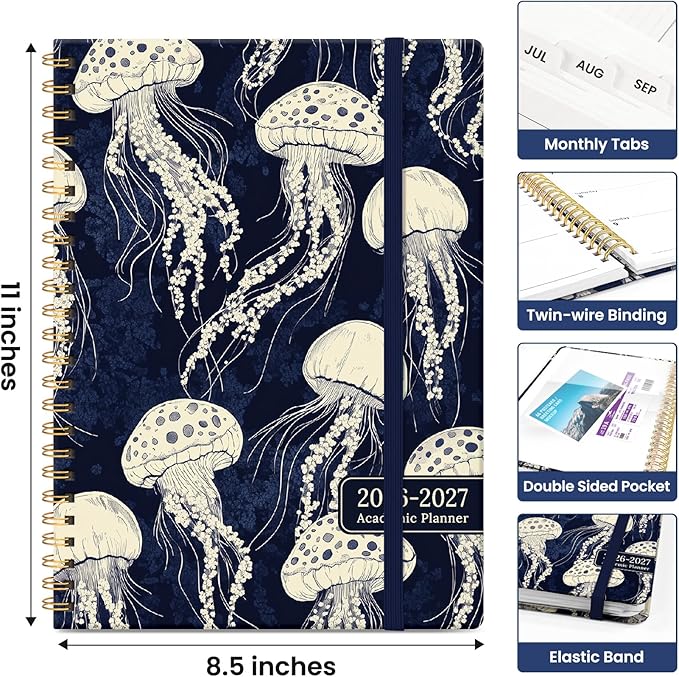 Planner 2026-2027, Academic Year Weekly and Monthly Calender Planner, from Jul 2026 - Jun 2027, Spiral Bound School Planning Book, Perfect for Teacher, Student, Women & Men, A4 (8.5" x 11"), Midnight Jellyfish