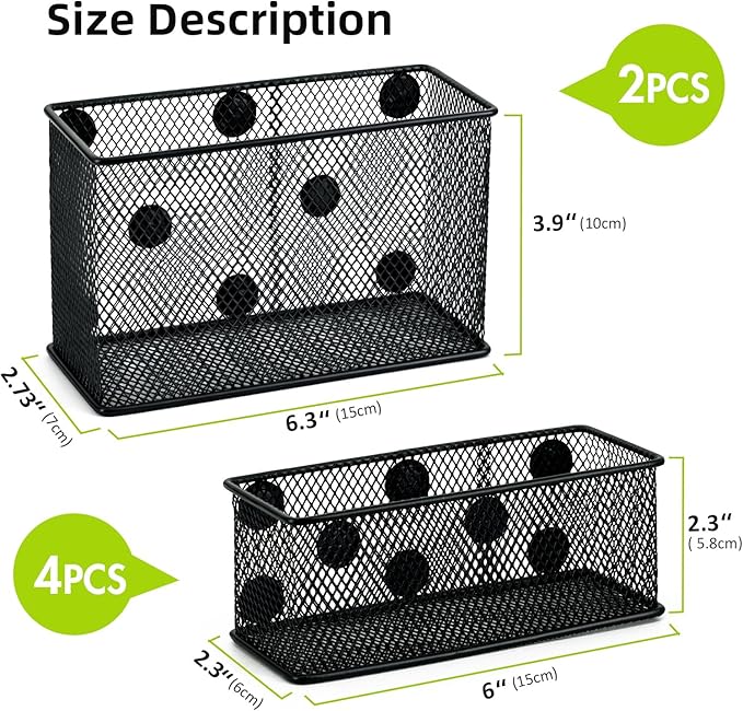 Neudeco Magnetic Locker Organizer and Accessories, Wire Mesh Magnetic Storage Basket, Magnetic Holder for Dry Erase Markers, Strong Magnet Pen Holder for Fridge School, Black, Pack of 6