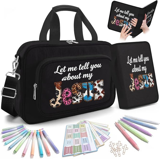 Super Roomy Bible Bag with Cozy Bible Cover, Bible Case with Faith Journaling Kit, Bible Tabs, Adjustable Strap, Pens, Highlighters and Cross Clips for Bible Study, Church and Holy Vibe Gift for Women