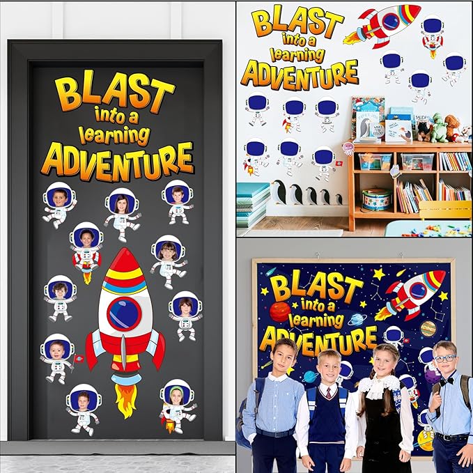Outer Space Bulletin Board Classroom Decorations Set Galaxy Planet Spacecraft Astronaut Paper Cutout for Posting Photo Blast Into a Learning Adventure Teacher Back to School Wall Door Chalkboard Decor