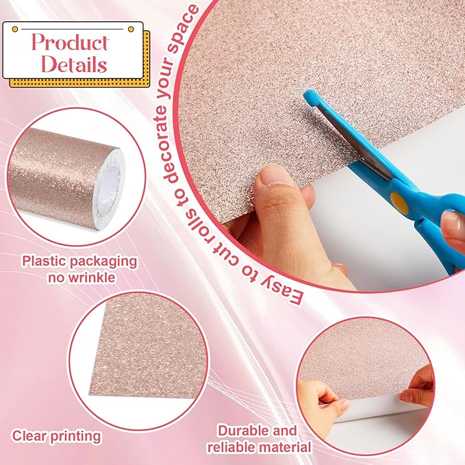 gisgfim Glitter Bulletin Board Roll Sparkle Bulletin Board Background Glitter Poster Paper Gift Wrapping DIY Art Crafts Non Fading Wallpaper for Home Office Classroom Decor 16" x20ft, Blush