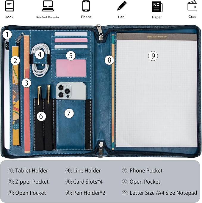 Embossed Vegan Leather Portfolio for Women,Professional Organize Padfolio with A4 Notepad Holder,Professional Business Document Organizer for Women (Blue)