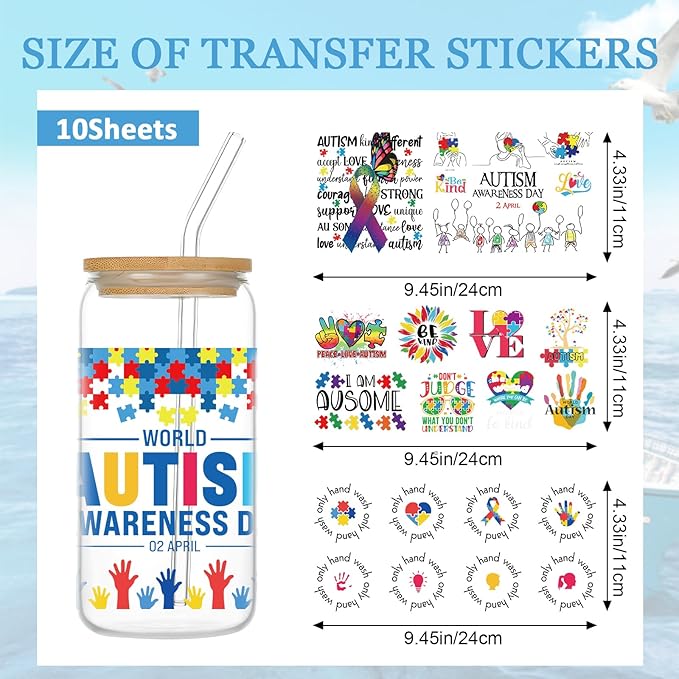 UV DTF Transfer Cup Sticker - 10 Sheets Autism Awareness UV DTF Cup Wraps for 16 oz Glass Cups, Waterproof Autism Colorful UV DTF Transfer Stickers, Personalized DIY Water Bottle Decals Crafts Gifts