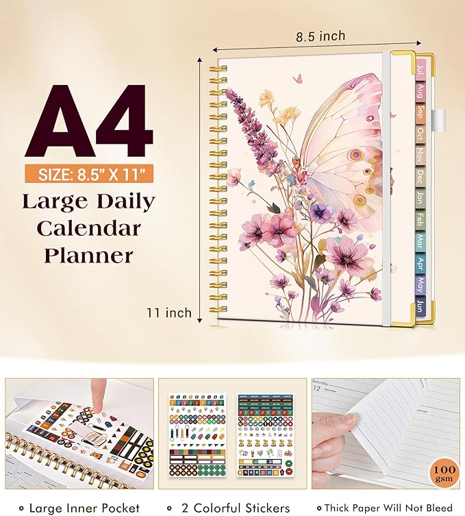 Academic Planner 2026-2027, Hardcover Weekly and Monthly Calendar Planner from July 2026 - June 2027, 8.5" x 11" A4 Large Daily Agenda with Tabs, College School Organizer for Student Teacher, Butterfly Bouquet