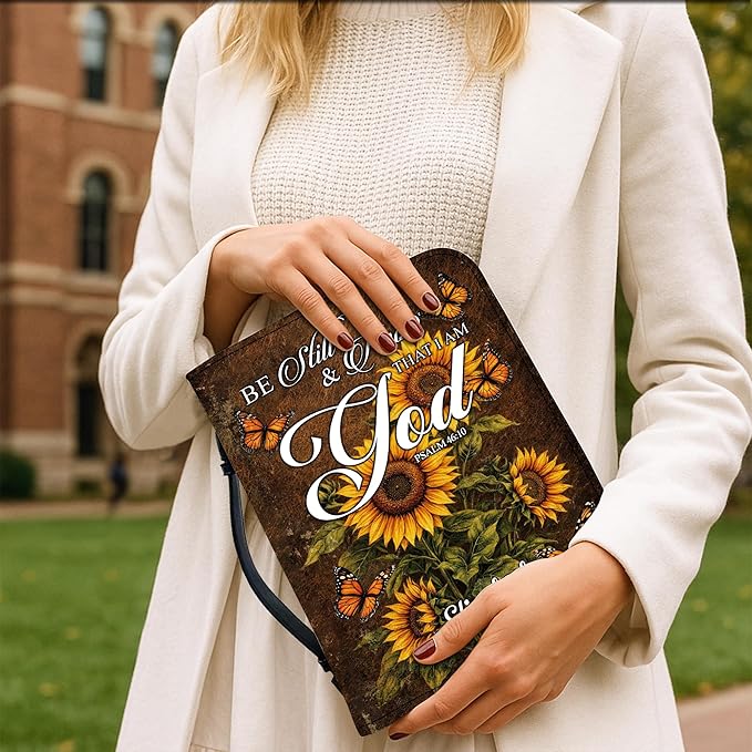 Custom Leather Bible Cover with Name – Personalized Bible Case for Women Zippered with Handle, Bookmark & Storage Pockets, Christian Gift for Mom, Daughter, Grandma (Be Still & Know, M-2XL)