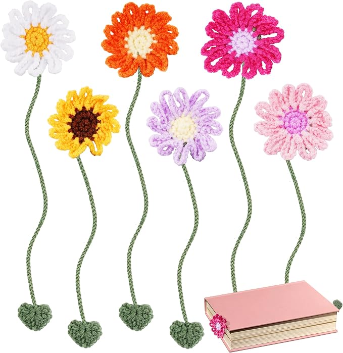 6 Pack Personalized Flower Crochet Bookmarks,Daisy Sunflower Book Marker Appreciation Gifts for Teacher Reading Women Colourful Flower Book Tabs Supplies Bulk for Book Lovers Office Classroom Gifts