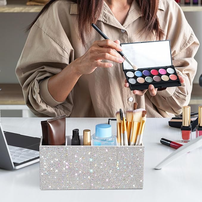 Bling Desk Organizer for Women, Rhinestone Pen Makeup Brush Holder, Girly Desk Accessories Organizer for Office Classroom Elevate Your Workspace with Serenity(Rhinestone,White)