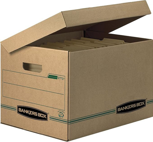 Bankers Box 12 Pack SYSTEMATIC Basic-Duty 100% Recycled File Storage Boxes, Standard Setup, Attached Flip Top Lid, Letter/Legal, Kraft/Green