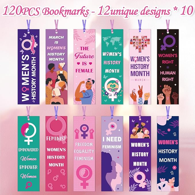 Wxiben Women's History Month Bookmarks - 120 Pcs Freedom Equality Feminism Bookmarks Paper Inspirational Female Rights Awareness Book Markers Page Clip Favor for Women Day Party Office School Supplies