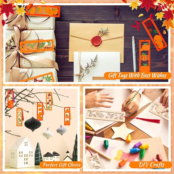 Yexiya 100 Pcs/50 Set Thanksgiving DIY Wooden Bookmarks Bulk for Book Lovers, Fall Bookmarks Decorations, Maple Leaf Pumpkin Book Markers for Women Men, Autumn Birthday Holiday Gift Art Project