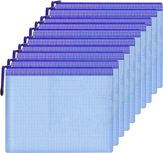 Mesh Document Bag Set of 10, Waterproof Zipper Pouch / A4 Size Zip File, for Household Daily Storage School Office M-D-2B (Blue, B4 (15.35×11.22 Inch))