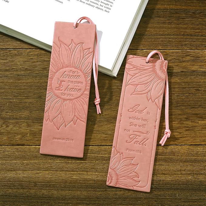 2 Pcs Sunflower Christian Leather Bookmarks for Women, Pink Christian Gifts for Women Book Marks for Reading Women (Pink)