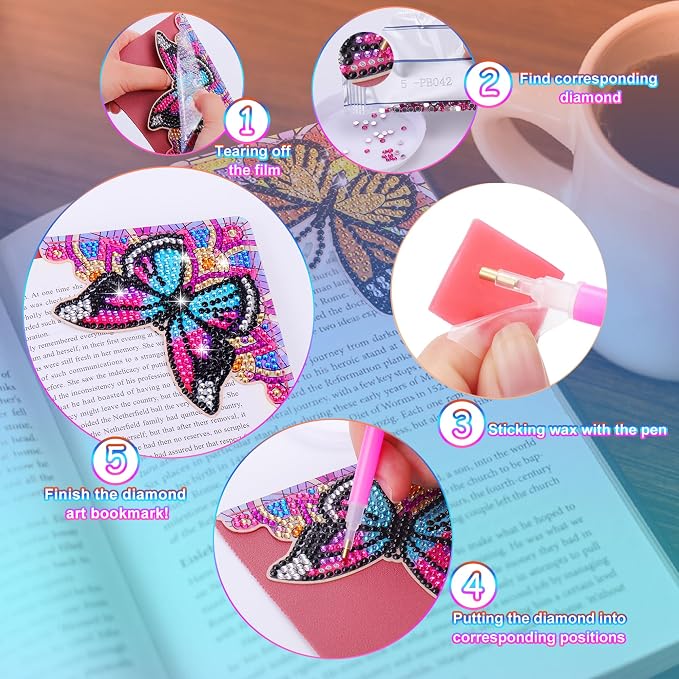 Butterfly Diamond Art Bookmarks-4 PCS, DIY Gift Craft for Adults, Diamond Art Kits for Book Lovers, Diamond Art Accessories