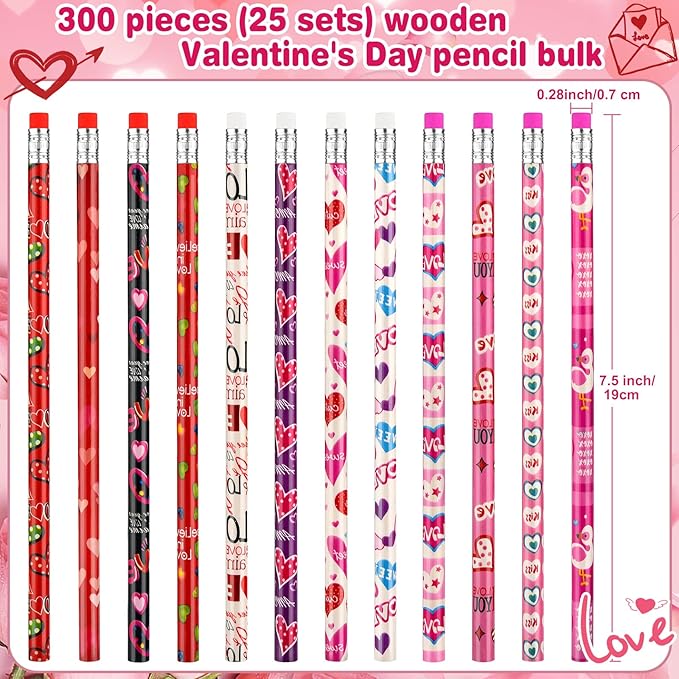 300 Pieces Valentine's Day Pencils for Kids Assortment Cylinder Wood Pencils Bulk Cute Pencils with Erasers for Kids Valentine's Day Party Office School Supplies(Valentine')