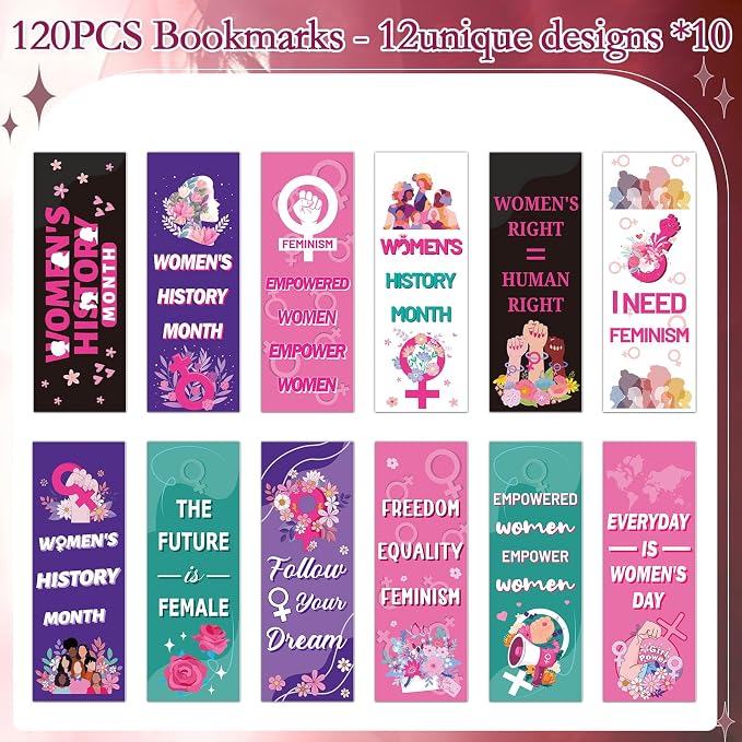 Women's History Month Bookmarks Gifts - Wxiben 120 Pcs Inspirational Feminist Book Marks Girl Power Book Markers Female Rights Awareness Page Clip Favor for Women Day Party Office School Supplies