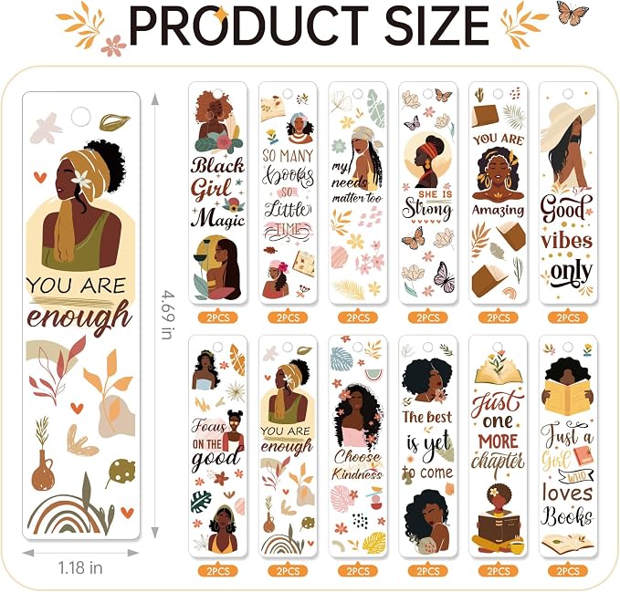 AFRITEE UV DTF Bookmark Wraps - 24 Pcs Black Girl Inspirational Quotes Acrylic Bookmark Sticker, Floral Butterflies Cold Transfer Stickers for Bookmarks Uvdtf Decals Decoration Gifts for Book Lovers