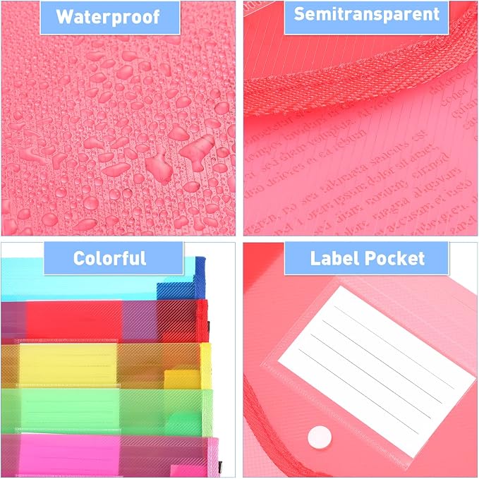 10 Pieces Plastic File Folders Envelope Expanding File Wallet Organizer Documents Folder with Snap Closure and Pocket B4 Waterproof Transparent Pouch for School Office(Colorful,Vertical)