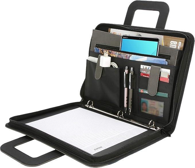 NuVision Zippered Padfolio 3 Ring Binder, Notebook for Work, Business Planner and Organizers, Padfolio with Handle, 8 ½ x 11” Writing Pad, PU Leather Folder, Professional Business Documents Portfolio