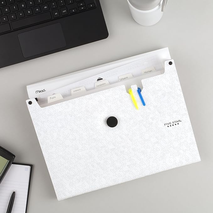 Five Star Expanding File Organizer, 6-Pocket Accordian File Organizer, Bungee Closure, Holds 8-1/2" x 11" Paper, White (350100E-ECM)