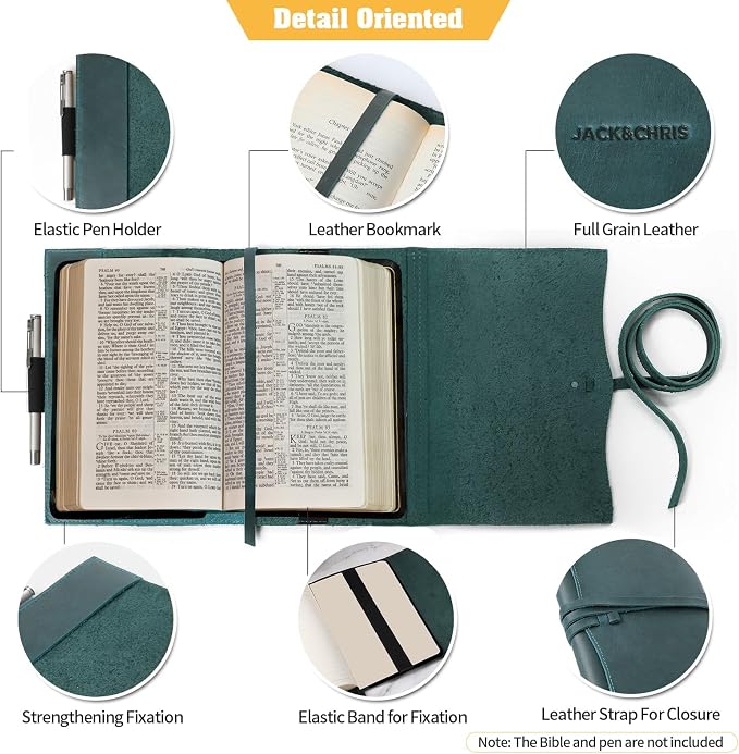 Jack&Chris Leather Bible Cover, Leather Book Cover for Men and Women, Bible Holder Strap Bible Cover Gifts, Blue Medium