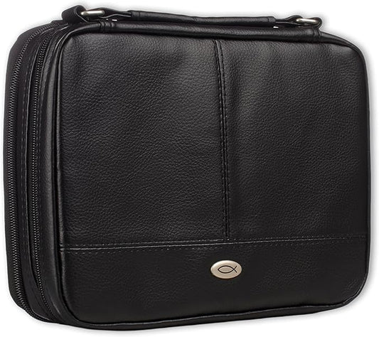 Christian Art Gifts Faux Leather Bible Cover for Men and Women | Ichthus Jesus Fish Emblem Zippered Two-Fold Organizer Case for Bible or Book w/Handle